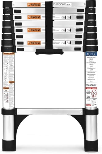 HBTower Telescopic Ladder 2.6M/8.5FT with Non-Slip Feet, Thickened High-Strength Aluminum Extendable ladders, Adjustable Height Collapsible Ladder for Caravans lofts, outdoors and Interiors,Silver