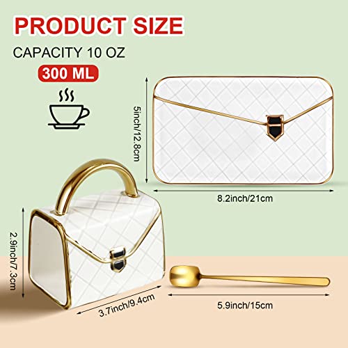 Zubebe 1 Set Coffee Mug Elegant Handbag Shaped Cup Modern Ceramic Purse Mug with Spoon and Saucer, 10oz Cute Creative Tea Cup for Office Home Woman Girls Gift (White) - Thumbnail 3