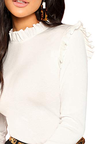 Romwe Women's Stand Collar Slim Fit Frilled Ruffles Shoulder Solid Keyhole Blouse Top White Large