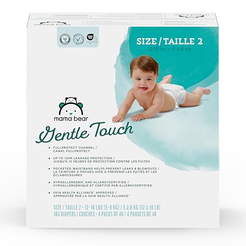 Image of Amazon Brand - Mama Bear Gentle Touch Baby Diapers, Size 2, 184 Count (4 packs of 46), Leak Protection, Wetness Indicator, Formulated Without Fragrance