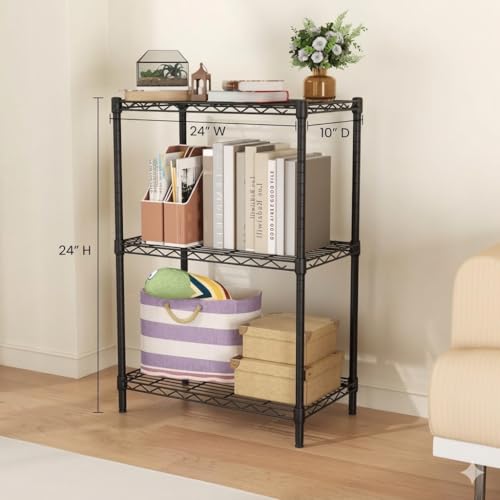 Image of Premium Heavy-Duty 3-Tier Black Metal Wire Storage Rack Shelf Organizer | Adjustable Multipurpose Freestanding Shelving Unit for Home, Office, Kitchen | Size 10 inch D x 24 inch W x 24 inch H Inch