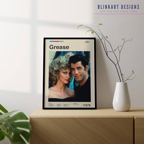 Image of BLINKART Grease (1978) Movie Poster Frame 12x18 Inch | Premium 300 GSM Paper Wall Print | Mid Century Vintage Film Artwork for Home, Bedroom, Living Room, Office | Framed Photo Decor