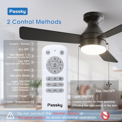 Image of Passky 42 Inch Black Low Profile Ceiling Fan with Light, Pull Chain&Remote | Flush mount, pull chain, remote, 3-color dimmable light, quiet reversible DC motor, easy install, memory, timer, bedrooms