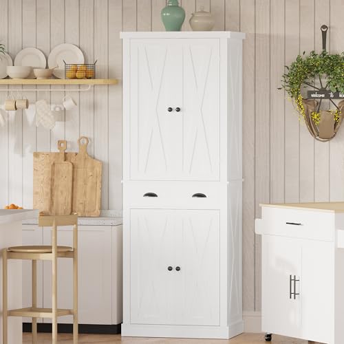 72.6 H Kitchen Pantry Storage Cabinet with Barn Doors, Drawer, 4 Shelves, Freestanding Cupboard - White (Ideal for Dining Room, Living Room, Laundry)