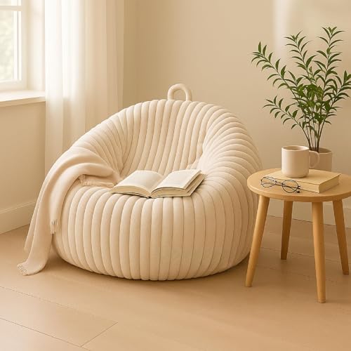 Honeydak Ribbed Rabbit Fur Stuffed Animal Storage Bean Bag Chair Cover (No Filler) Comfy Bean Bag Cover Without Filling or Home Bedroom Decor Organizing Plush Doll Textile Holder(Creamy White, M)