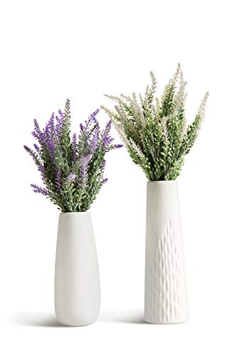 Artificial Lavender Flowers Bouquet with Special White Ceramic Vases for Home, Party & Wedding Décor – Set of 2