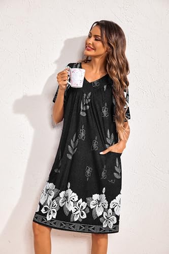 Image of Ekouaer Womens House Dress Floral Print Nightgown with Pockets Mumu Dress | V Neck Nightgowns for Women Pleated Short Sleeves Mumu Dresses Knee Length Moo Moo for Sleep, Daily Wear, Vacation, Party