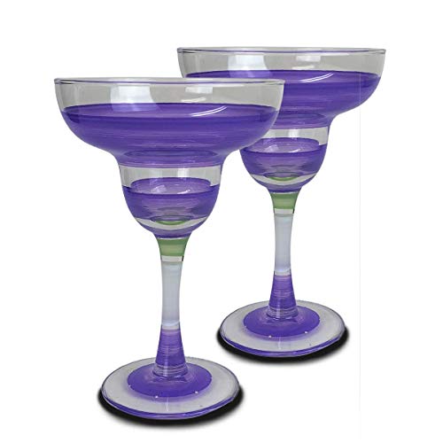 Set of 2 Blue Retro Stripe Hand Painted Margarita Drinking Glasses - 12 Ounces