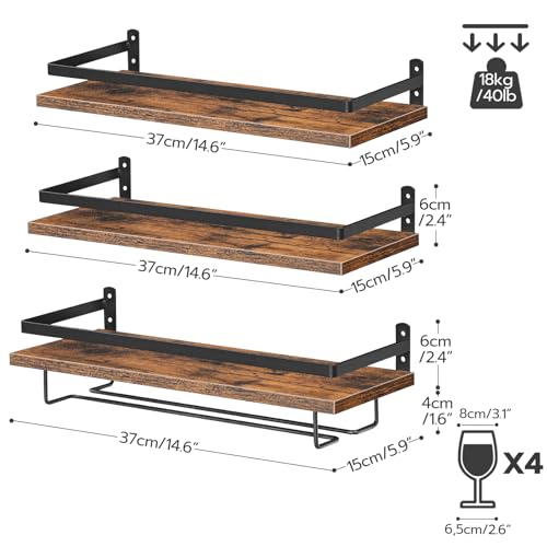 Image of HOOBRO Wall Mounted Wine Rack 3 Pack, Wine Rack with Glass Bottle Holder, Hanging Wine Shelves with Stemware Hanger, Wine Display Storage Rack for Home Bar, Kitchen, Dining Room, Rustic Brown BF34BJ01