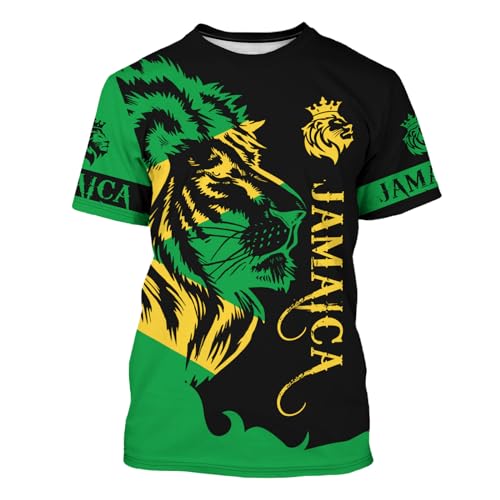 BJU Jamaica Flag T-Shirt Lion Tee Printed Crewneck Short Sleeve Casual Sports Top Unisex