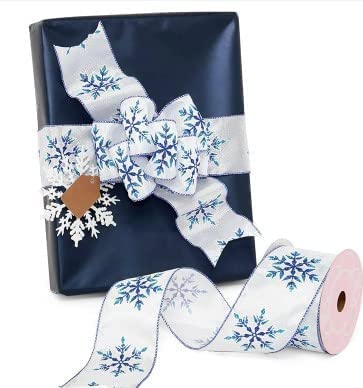 Image of Blue Christmas Snowflakes Wired Ribbon - 2 1 /2 inch x 10 Yards, White Satin, Gift Wrap, Wreath, Garland, Tree Topper Bow, Gift Basket, Presents