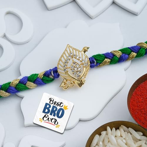 Image of eCraftIndia Morpankh Flute Rakhi for Brother Bhaiya Bhai with Best Bro Ever Fridge Magnet | Roli Chawal Pack