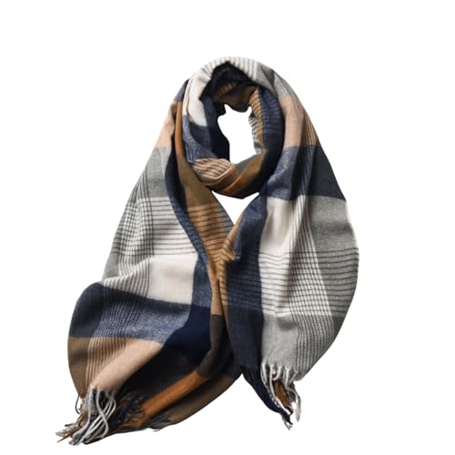 WHCREAT Schal Damen Winter Weicher Warmer Winterschal Karierte Damenschal Mit Fransen Lange Stola Schals, Grau Blau
