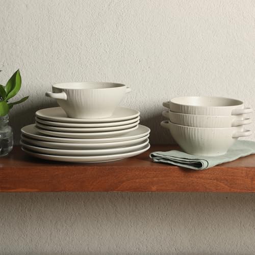 Image of Gibson Elite Clover Hill 12-Piece Stoneware Dinnerware Set - White Cream Embossed Plates and Bowls with Matte Speckled Reactive Glaze, Service for 4 - Microwave & Dishwasher Safe