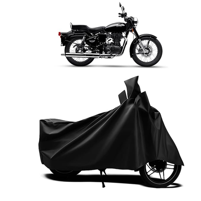 Image of DRAKOWISH Waterproof Bike Cover for Royal Enfield Bullet 350 All Weather Protection from Rain, Dust, UV Rays & Scratches with Mirror Pockets & Buckle Belt