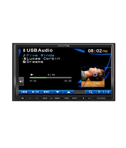 Alpine IVA-W520E displaying USB Audio interface with track information.