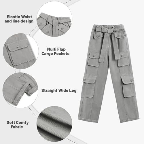 Image of Rolanko Girls Cargo Pants Baggy Y2K Cargo Trousers Jeans Wide Leg Pants with Multi Pockets 4-15 Years