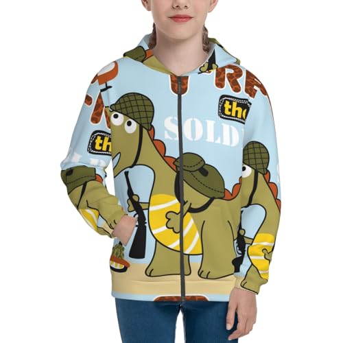Tyrannosaurus Rex the Soldier Kids Pullover Hoodies Boys Zip Up Sweatshirts Girls Athletic Clothes with Pocket3