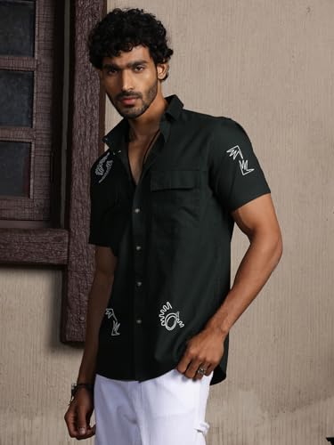 Image of Thomas Scott Men's | Embroidered Printed | Half Sleeve | Regular Fit | 100% Cotton | Double Pocket | Spread Collar | Casual Shirt