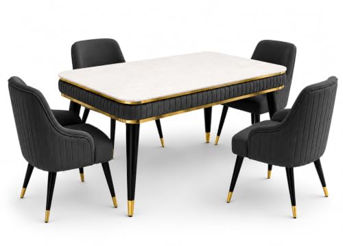 Image of WOODEN SPACE 4 Seater Wooden Dining Table Set | Urban Marble Top Dining Table with Chairs for Dining Room & Kitchen (Modern Zyro Dark Grey) (54 x 36 x 30 inch)