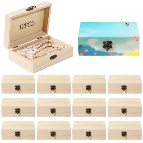 Jewelry Keepsake Rectangle Boxes, Twelve Pcs Unfinished Wooden All Craft Wood Boxes With Hinged Lid, Treasure Gift Storage Cases For Diy Craft Home Storage Art Project