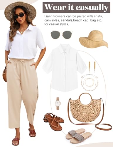 CMTOP Women's Linen Trousers Cropped Pants Loose Fit Elasticated Waist Casual Trousers with Pockets Beige S-XXL - Image 4