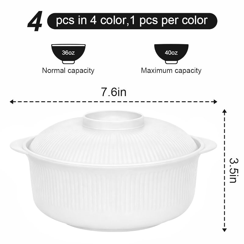 Image of White 40oz Cereal Bowls with lid set of 4,Microwave Safe,Family&Camping