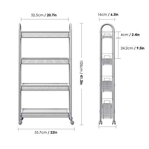 HOMFA 4-Tier Gap Kitchen Slim Slide Out Storage Tower Rack with Wheels, Cupboard with Casters - Silver