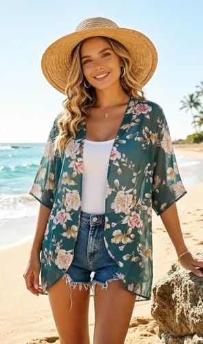 Image of FINOCEANS Womens Floral Chiffon Kimono Cardigans Loose Beach Cover Up Half Sleeve Tops