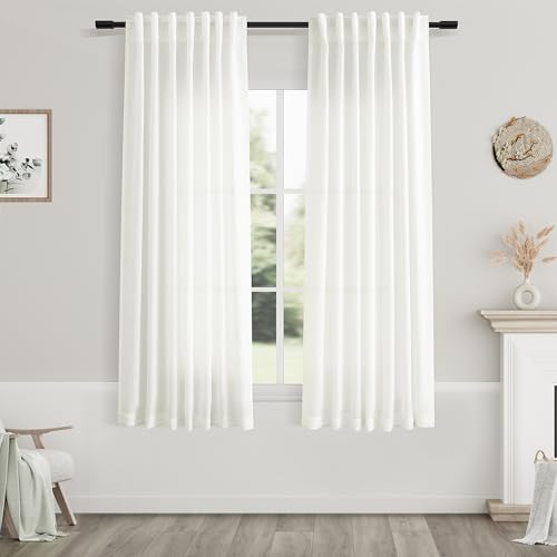 Image of Nanspring Ivory Linen Curtains 63 Inches Length 2 Panels Set for Living Room Back Tab Pocket Natural Light Filtering Privacy Semi Sheer Drapes Cotton Linen Textured Window Curtain 52X63 Inches