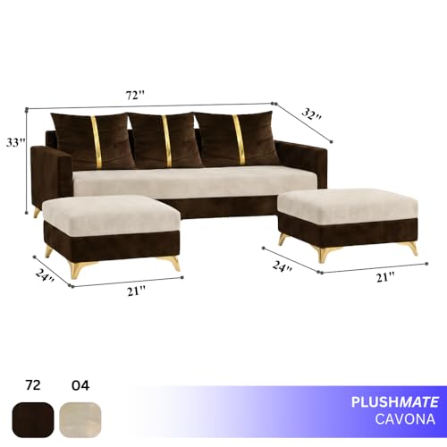 Image of Caviar Plush Comfort Sofa Set | 3 Seater with 2 Ottomans | Luxury Velvet Suede Fabric | Modern Living Room Sofa | Dark Brown - Cream