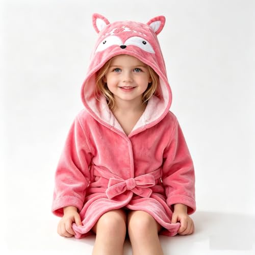 Image of Fox Baby Girl Bathrobes Cute Girl's Robe With Hood Pink Towel For Girls Soft Hooded Ultra Absorbent (Pink Fox)