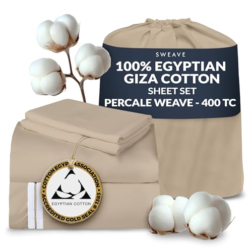 Sweave 100% Egyptian Cotton Percale Sheets King Size - Genuine Luxurious 400 Thread Count - Naturally Crisp, Breathable, Skin-Friendly & Cooling - Softer After Each Wash - Oeko-TEX Certified Giza