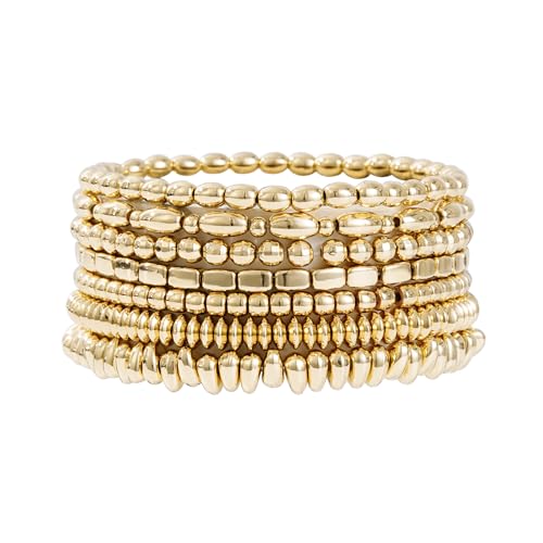 Gold Plated Beaded Bracelets for Women Trendy, 14K Gold Plated Stack Cross Pearl Gold Plated Bead Stretch Bracelets Set Elastic Hypoallergenic Bracelets Jewelry Gifts