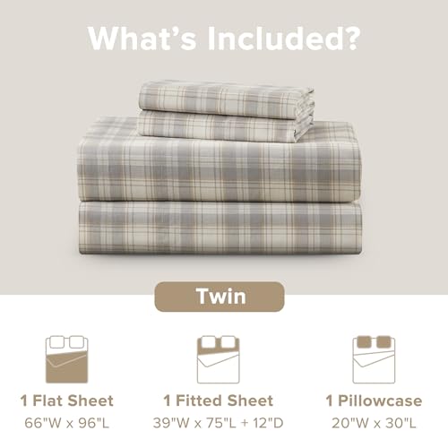 Comfort Spaces 100% Cotton Sheets Twin, Breathable, Naturally Cool Cotton Sheets, Soft Cotton Bed Sheets with 12" Elastic Pocket Fits up to 14" Mattress, All Seasons Sheet Set, Wesley Taupe 3 Piece