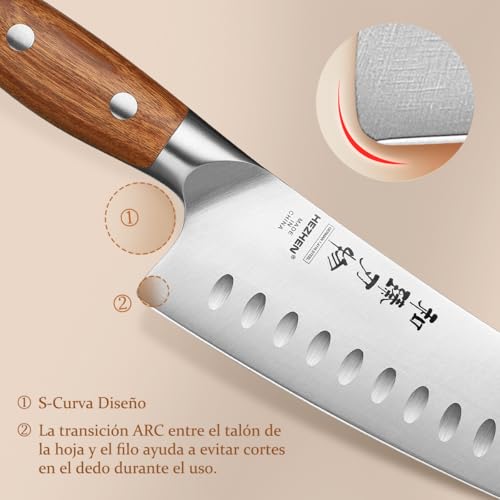 HEZHEN Juego de Cuchillos de Cocina 5 Piezas, Set Profesional de Cuchillos de Chef de German en Acero Cuchillo Santoku，Universales Cuchillos de Trinchar, Mango Ergonómico de Madera de Redwood - imagen 4