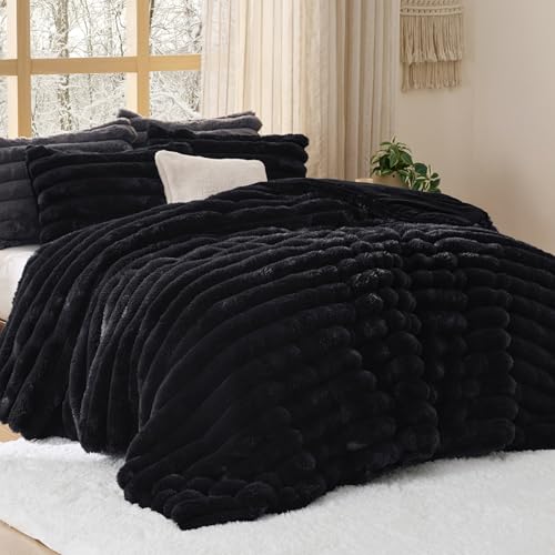 Image of Bedsure Faux Fur King Size Comforter Set - Black Fluffy Comforter King Size, Soft and Cozy Shaggy Winter Bedding Comforter Sets, Warm Luxury Fuzzy Bed Set 3 Pieces, 1 Comforter and 2 Pillowcases