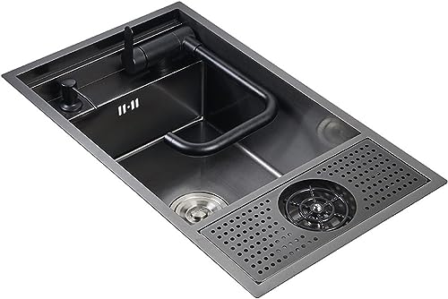 Fregadero de cocina de acero inoxidable de 21 pulgadas, rectangular negro con enjuague de vidrio fuerte, pequeño para bar, cafetería, mostrador de bar