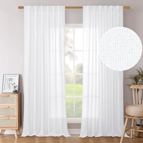 BGment White Linen Semi Sheer Curtains 96 Inch Length 2 Panels for Living Room, Light Filtering Drapes with Rod Pocket Back Tab Lightweight for Bedroom Dining Room, 52 Inch Wide Each Panel