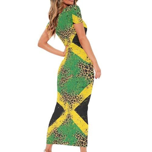 Image of Womens Short Sleeve Jamaican Flag Midi Bodycon Dress
