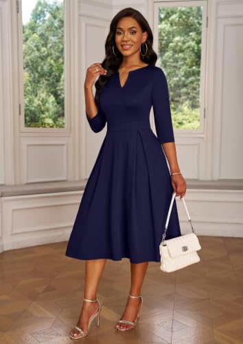Image of Nmoder Midi Church Dress for Women A-Line Casual Work Dress | Flattering high-waist, 3 /4 sleeve work wedding guest dress with pockets, back zipper for easy on /off