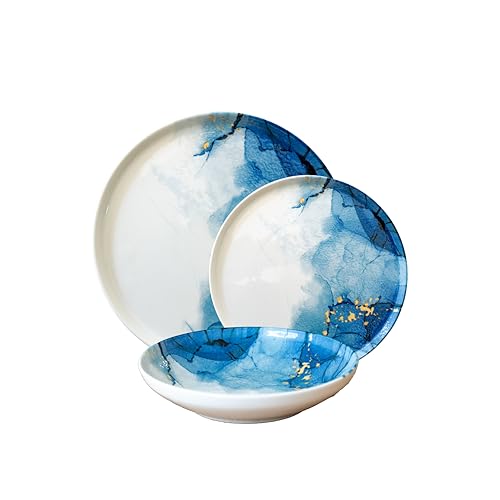 CER-POR Set piatti MARBLUE | 18 pezzi porcellana decorati per tavole moderne. 18 Pezzi. Per 6 Persone