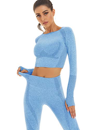 Toplook Women Seamless Workout Outfits Athletic Set Leggings + Long Sleeve Top (Ligth Blue, Medium)