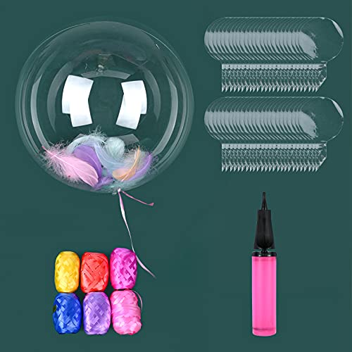 12 Inch Clear balloons, 50 Pieces Transparent Bubble Bobo Balloons with 100 Pieces Feathers, 6 Colors Ribbons and Pump for LED Light Up Balloons, Gifts for DIY, Wedding, Birthday Party Decorations
