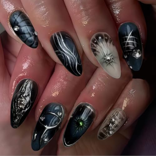 VOTACOS Goth Black Acrylic Press on Nails Almond Medium Fake Nails Press Ons with Glue Silver Beads Star Y2K Stick on Nail with Designs 24Pcs Gothic Snake Print Blue Artificial Glue on False Nail