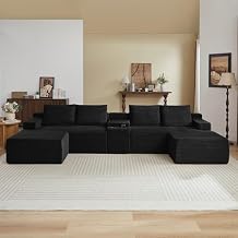 141" Oversized U Shaped Cloud Sectional Couches with Storage Console for Living Room, Corduroy Compressed Boneless Couch, Symmetrical Sofa & Couch with Movable Ottomans, Cup Holder