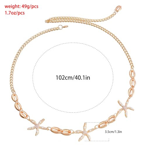 Women Metal Belt Starfish Seashells Conch Pearls Charms Waist Chain for Bikini Belly Skinny Dress Party Summer Beach, Gold (A)2