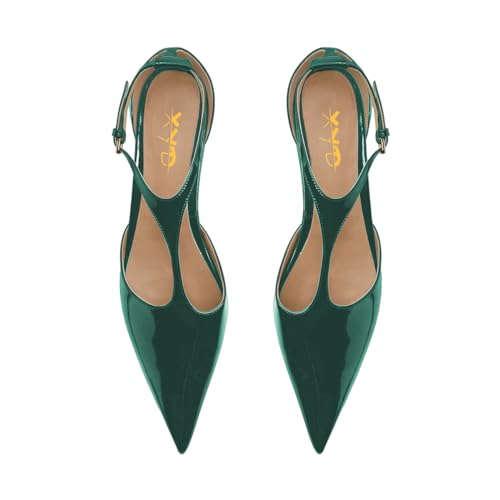 XYD Women Chic Pointed Closed Toe Flats Sleek Low Heel Chunky Slender T-Strap with Buckle Dress Party Casual Shoes3
