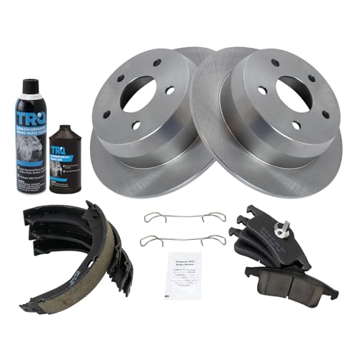 Image of TRQ Rear Brake Pad & Rotor Kit, with Chemical Kit Parking Brake Shoe Set Ceramic Compatible with 1999-2004 Jeep Grand Cherokee