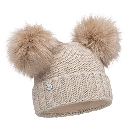 ELIMELI Wintermuts voor dames met twee pompons, warme wintermuts met pompon van kunstbont, slouch beanie, pomponmuts voor dames, met fleece gevoerde damesmuts, beige, One size